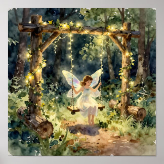 Enchanted Fairy on a Swing in a Magical Forest Poster