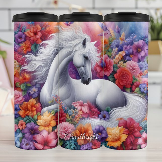 Enchanted Floral White Horse Dream Thermosbecher (Von Creator hochgeladen)