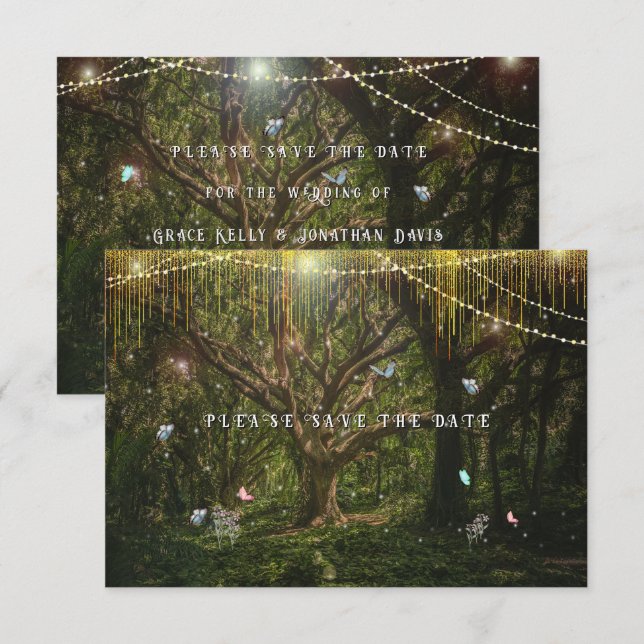 Enchanted Forest Butterflies Gold Lights Save The Date (Vorne/Hinten)