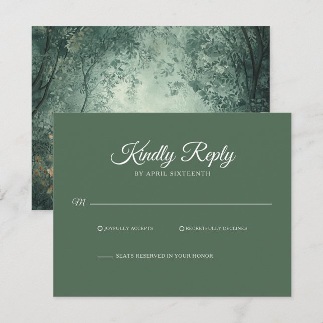 Enchanted Forest Dark Green Wedding RSVP Karte (Vorne/Hinten)