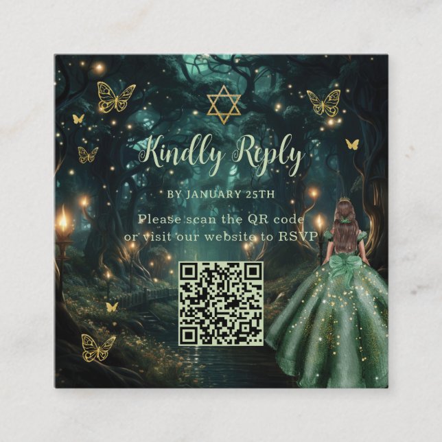 Enchanted Forest Emerald Green Bat Mitzvah QR UAWG Begleitkarte (Vorderseite)