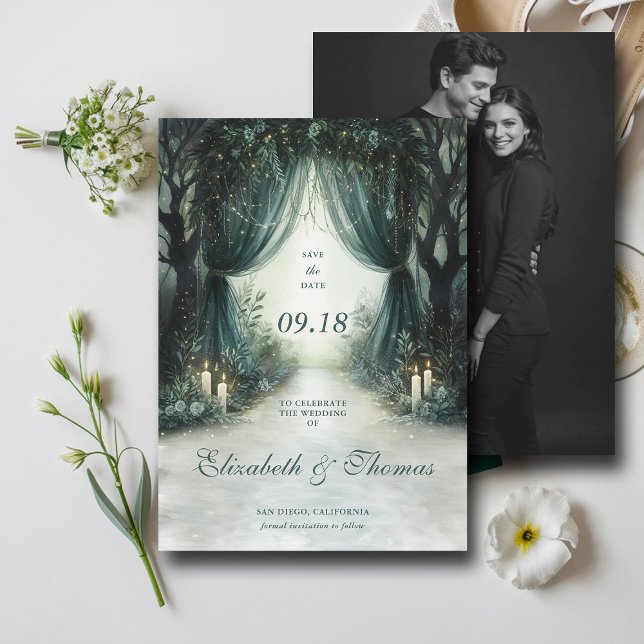 Enchanted Forest Emerald Moody Dark Foto Wedding Save The Date (enchanted forest woodland wedding save the date arch canopy fairy tale magic bespoke moody dark)