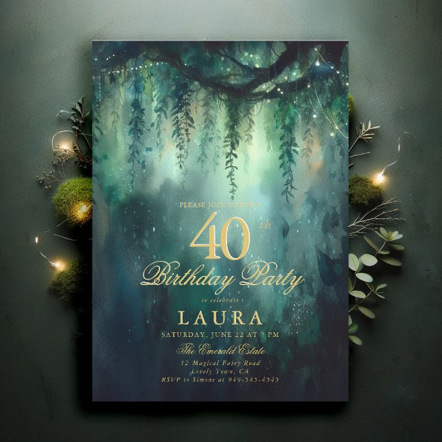 Enchanted Forest Fairy Gold Greenery 40th Birthday Einladung (40th birthday invite for women enchanted forest garden greenery foliage emerald gold woodland fairy)