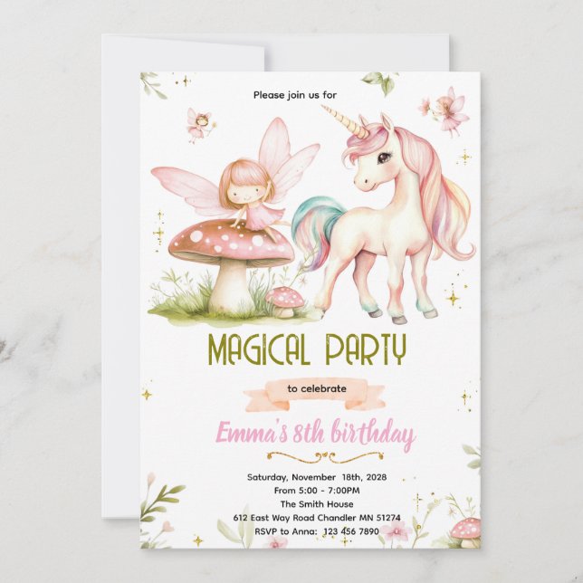 Enchanted Forest Fairy Unicorn Birthday Invitation (Devant)