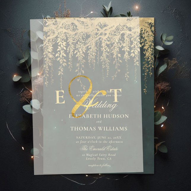Enchanted Forest Hanging Gold Greenery Wedding (enchanted forest wedding invitation vellum cover gold ampersand initials)