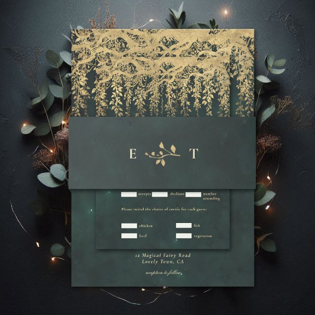Enchanted Forest Hanging Gold Greenery Wedding Einladungsbanderole (enchanted forest wedding invitation belly band botanical gold initials moody emerald green)