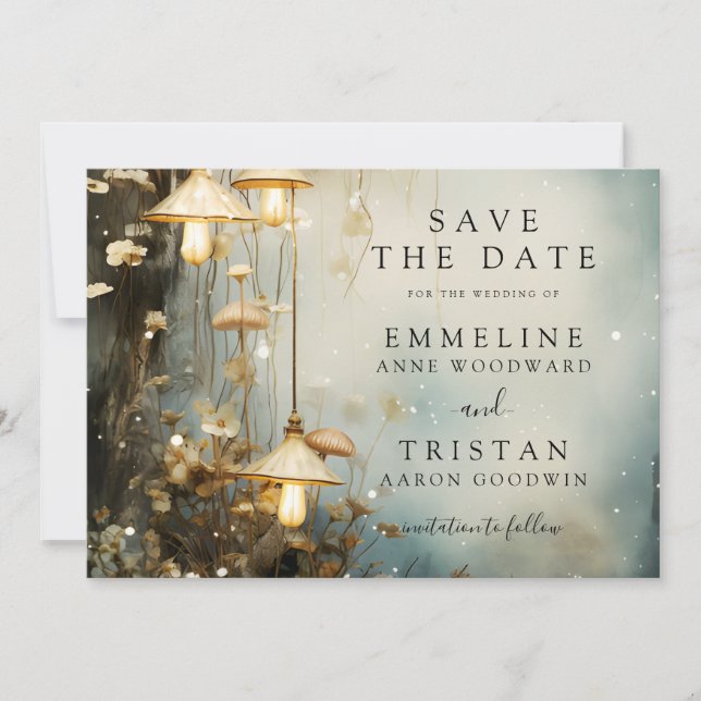 Enchanted Forest Hanging Lanterns Wedding Save The Date (Vorderseite)