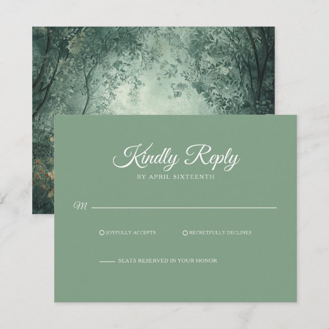 Enchanted Forest Light Green Wedding RSVP (Devant / Derrière)