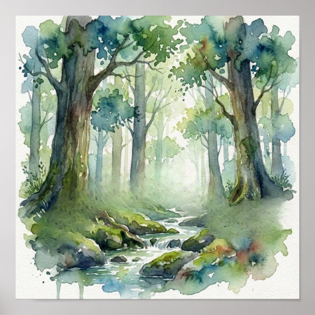 Enchanted Forest Stream: Ethereal Green Watercolor Poster (Vorne)