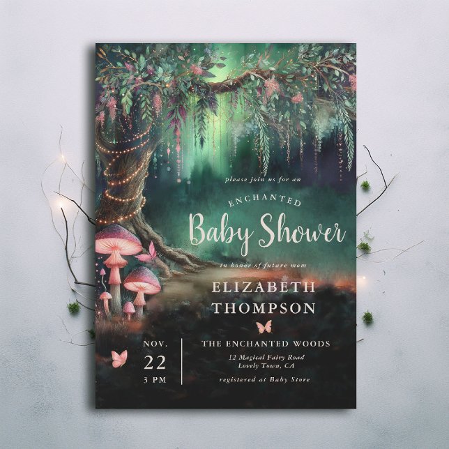 Enchanted Forest Woodland Mushrooms Baby Shower Einladung (enchanted forest baby shower theme invitation mushrooms butterflies emerald green pink woodland)