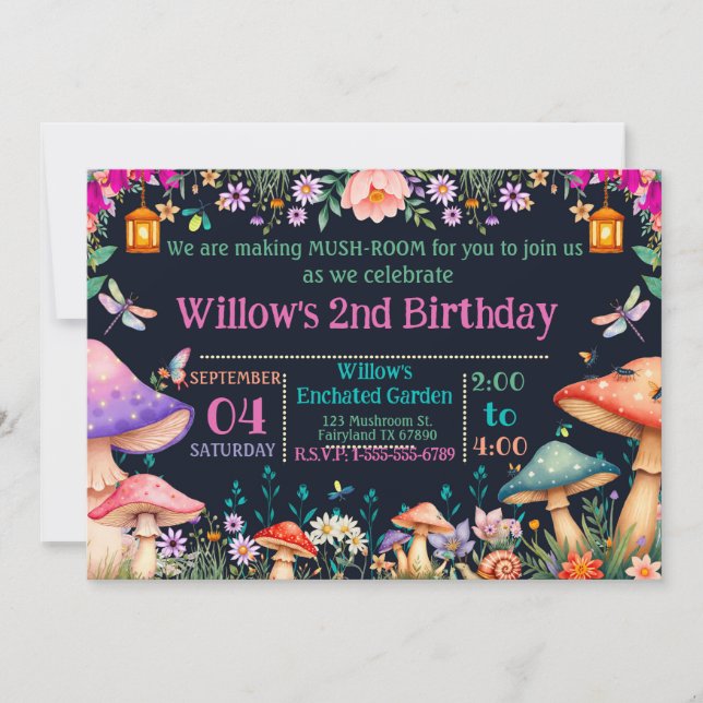 Enchanted Garden Mushroom Birthday Party Invite Einladung (Vorderseite)