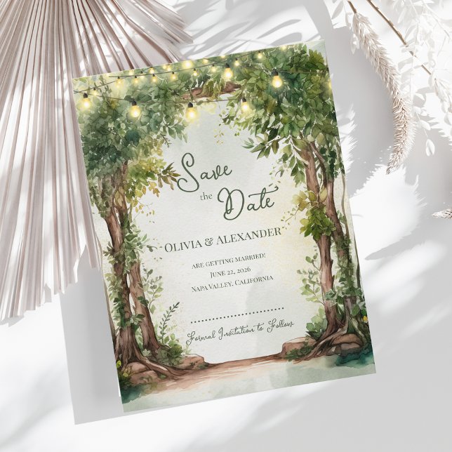 Enchanted Garden String Lights Save the Date  Ankündigungspostkarte (Enchanted Garden String Lights Save the Date | Rustic Outdoor Wedding Save the Date Card)