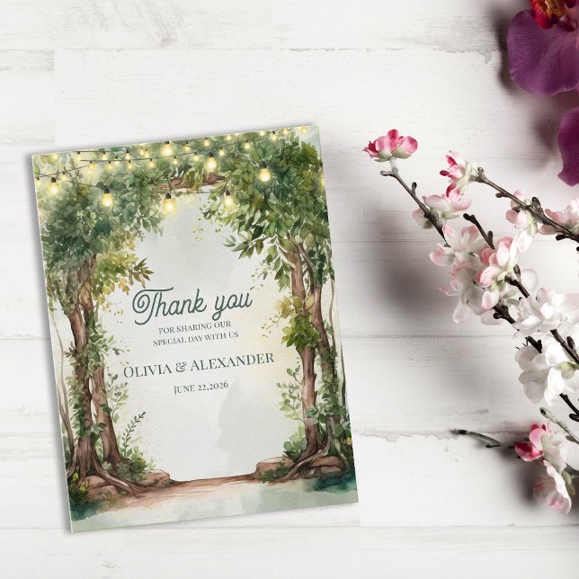 Enchanted Garden String Lights Wedding Thank You Postkarte (Enchanted Garden String Lights Wedding Thank You)