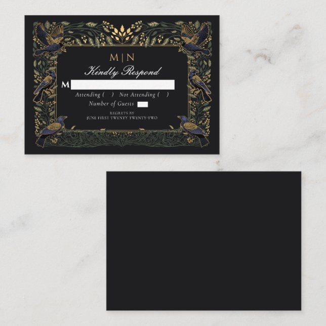 Enchanted Gothic Raven Floral Wedding Green UAWG Begleitkarte (Vorne/Hinten)
