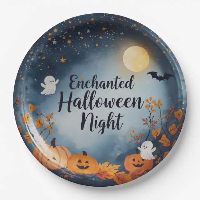 Enchanted Halloween Night Paper Plate – Cute Ghost Pappteller (Vorderseite)