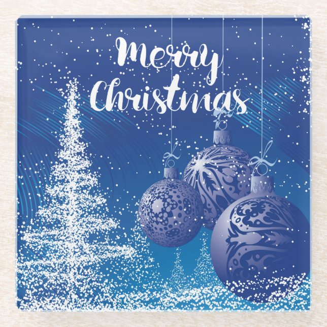 Enchanted Midnight Blue & White Frohe Weihnachten Glasuntersetzer (Vorderseite)