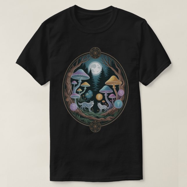 Enchanted Moonlit Wolves and Psychedelic Mushrooms T-Shirt (Design vorne)