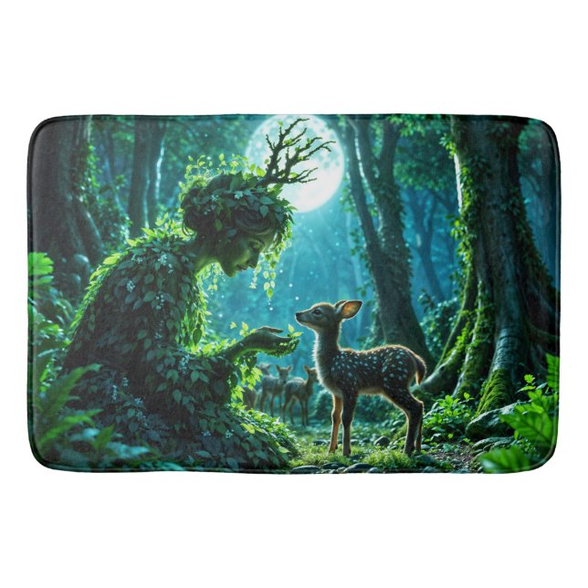 Enchanted nature guardian feeding a baby fawn badematte (Vorderseite)