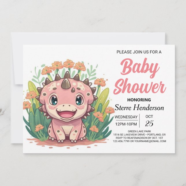 Enchanted Pink Dinosaur Girl Babydusche Einladung (Vorderseite)