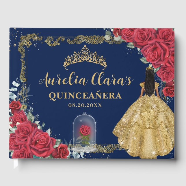 Enchanted Rose Red Floral Black Hair Quinceanera Gästebuch (Vorderseite)