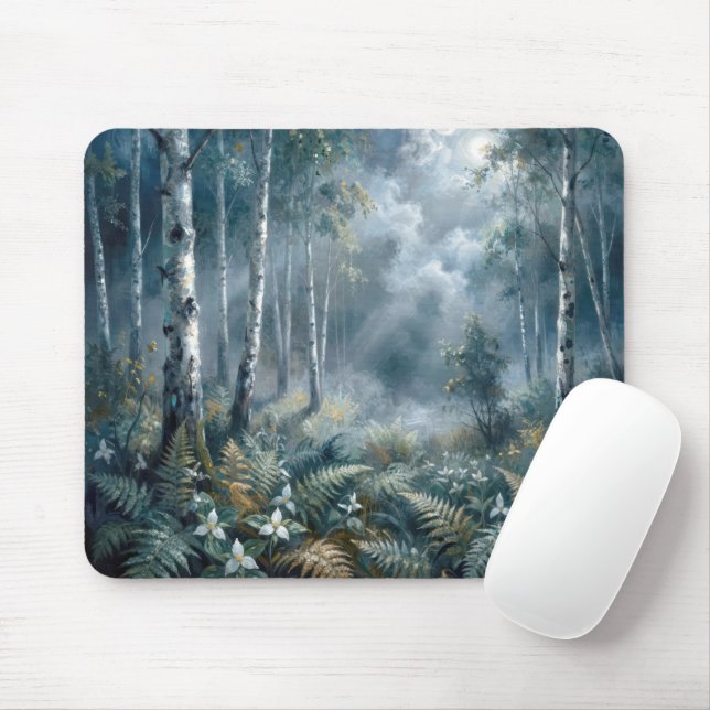 Enchanted Spring Birch Forest in Moonlight Mousepad (Mit Mouse)