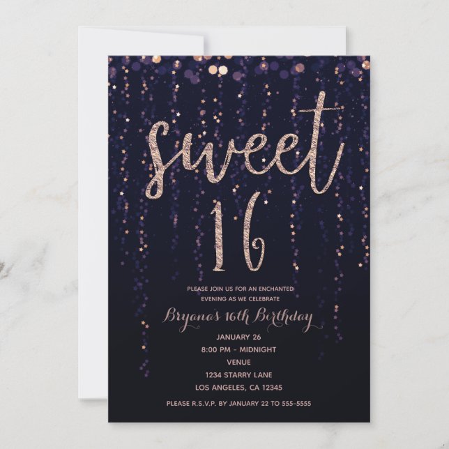 Enchanted Star Lights Lila & Gold Sweet 16 Party Einladung (Vorderseite)
