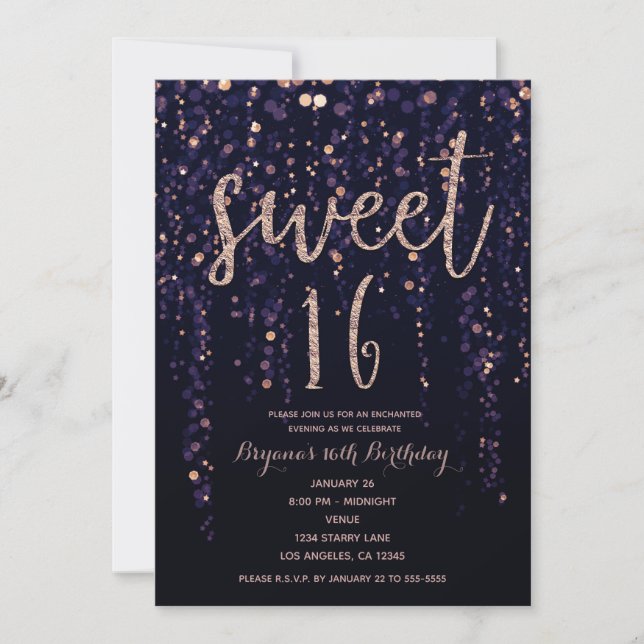 Enchanted Star Lights Lila & Gold Sweet 16 Party Einladung (Vorderseite)