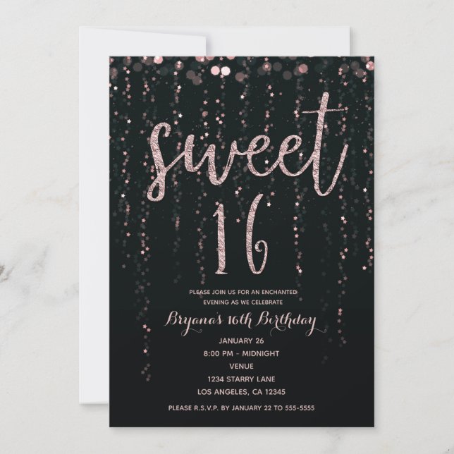 Enchanted Star Lights Rose Gold Blush Sweet 16 Einladung (Vorderseite)