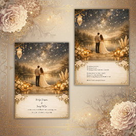 Enchanted Starry Night Lake blue & gold Wedding Einladung
