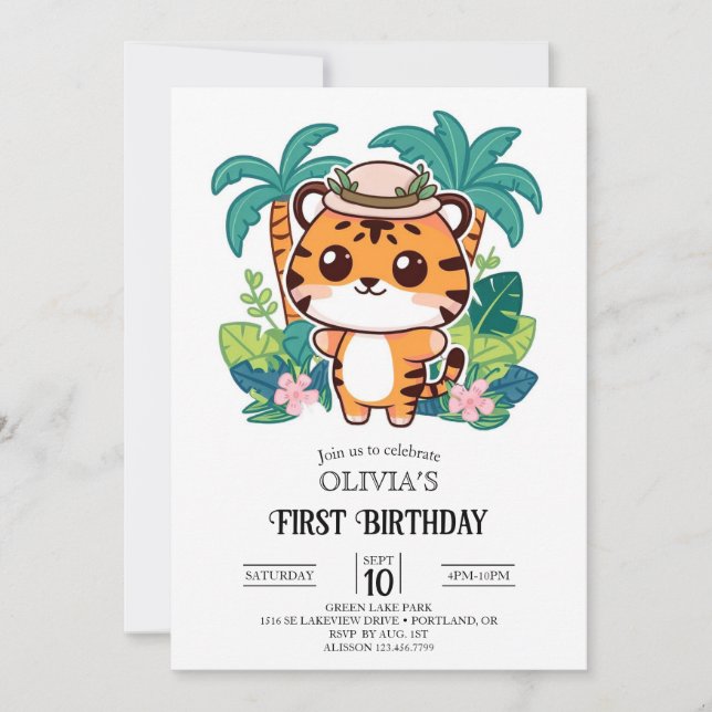 Enchanted Sweet Tiger 1. Geburtstag Digital Einladung (Vorderseite)