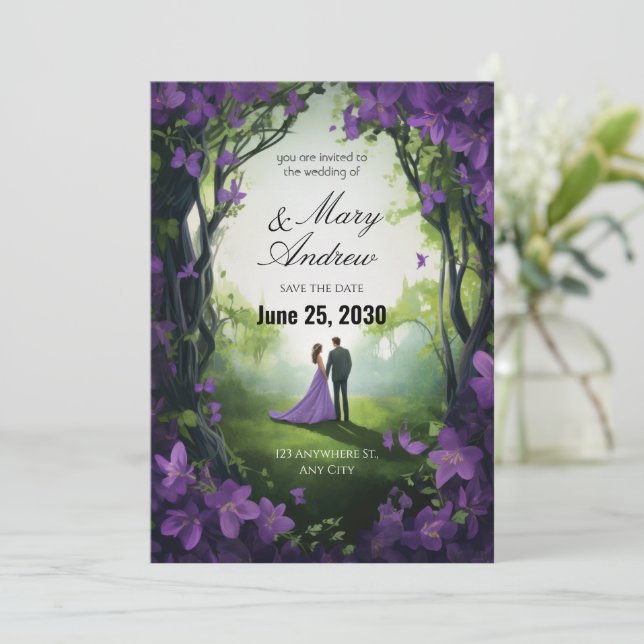 Enchanted Violet Garden Wedding Invitation Einladung (Stehend Vorderseite)
