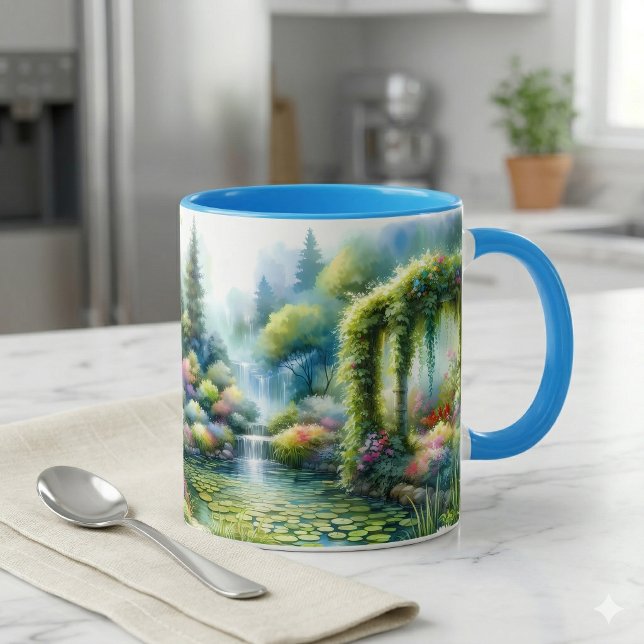 Enchanted Waterfall Garden Lily Pond Tasse (Enchanted Waterfall Garden Lily Pond Mug On Marble Counter)