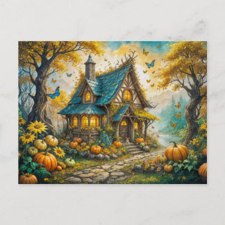 Enchanting Autumn Cottage with Pumpkins Postkarte