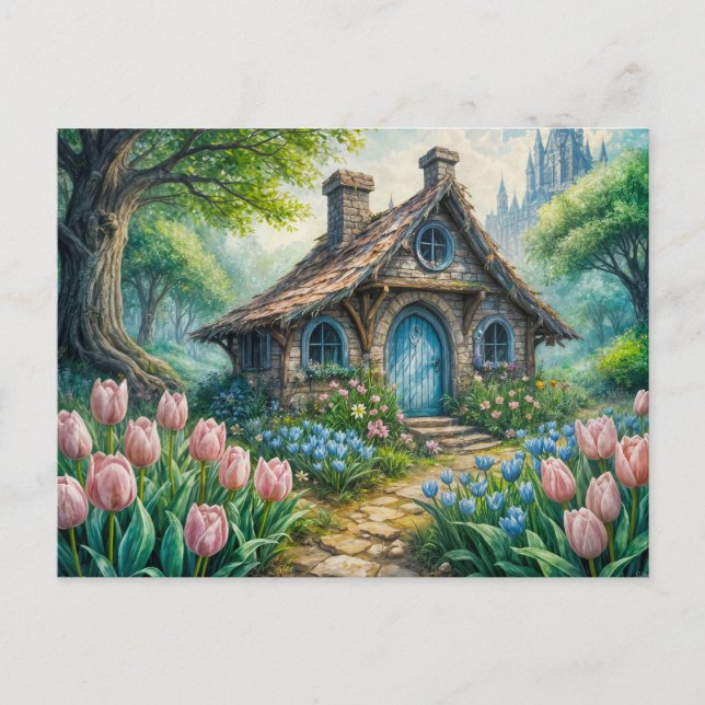 Enchanting Cottage with Tulip Garden Postkarte (Vorderseite)
