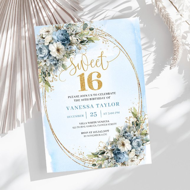 Enchanting Dusty Blue Floral Sweet Sixteen Invites Einladung (Enchanting Dusty Blue Floral Sweet Sixteen Invitation)