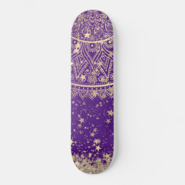 Enchanting Mandala with Gold Stars on Purple Skateboard