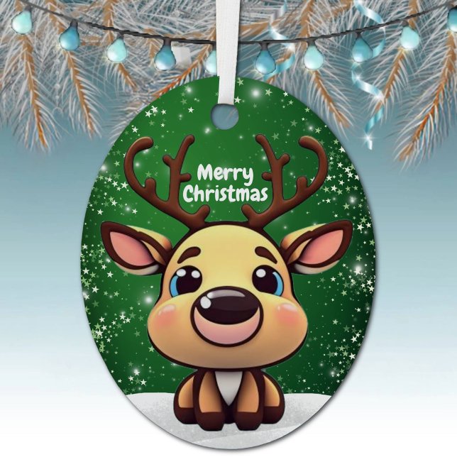 Enchanting Young Buck Starry Green Whimsical  🎄🦌 Ornament Aus Metall (Enchanting Young Buck Green Whimsical Winter Woodland Wildlife Animal Oval Metal Xmas Ornament 🦌🎄)