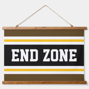 END ZONE Fun Athletic Brawn Yellow White Stripes Wandteppich Mit Holzrahmen