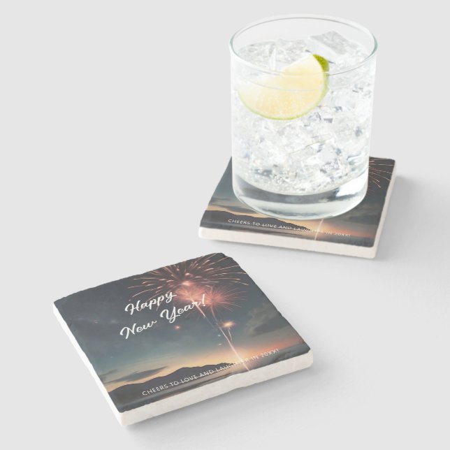 Ende des Jahres Bash Fireworks Script Typografie Steinuntersetzer (Seitenansicht)