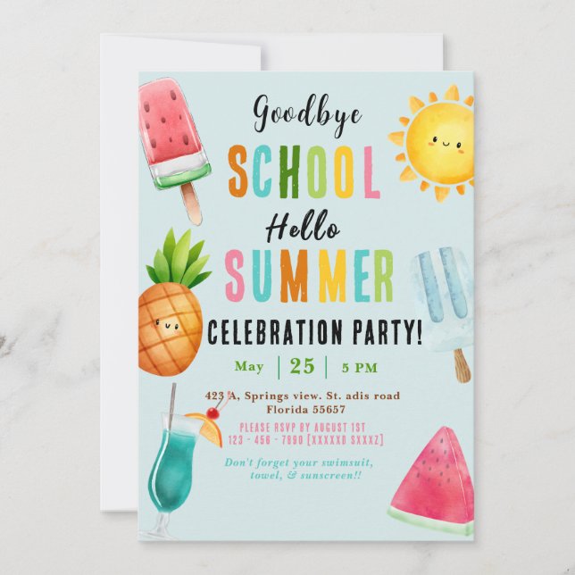 Ende des Schuljahres Sommerliches Party Einladung (Vorderseite)