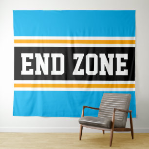 ENDE ZONE Fun Bright Sky Blue Black Yellow Stripes Wandteppich