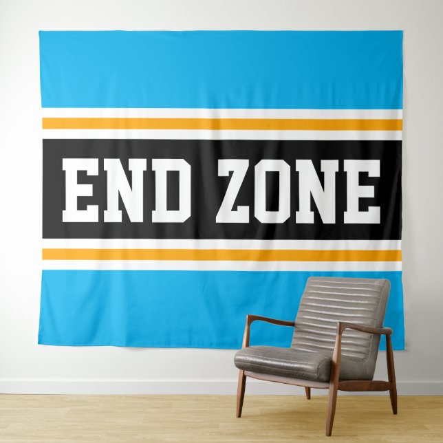 ENDE ZONE Fun Bright Sky Blue Black Yellow Stripes Wandteppich (Beispiel (Horizontal))
