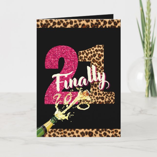 Endlich 21 Hot Pink Glitzer Animal Print Foto Karte (Vorderseite)
