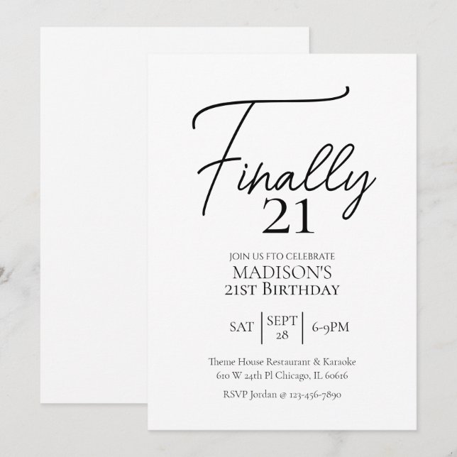 Endlich 21 Schwarz & Weiß 21. Geburtstag Einladung (Vorne/Hinten)