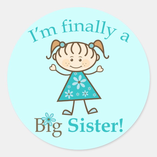 Endlich bin ich ein Big Sister Strichmännchen Girl Runder Aufkleber (Vorderseite)