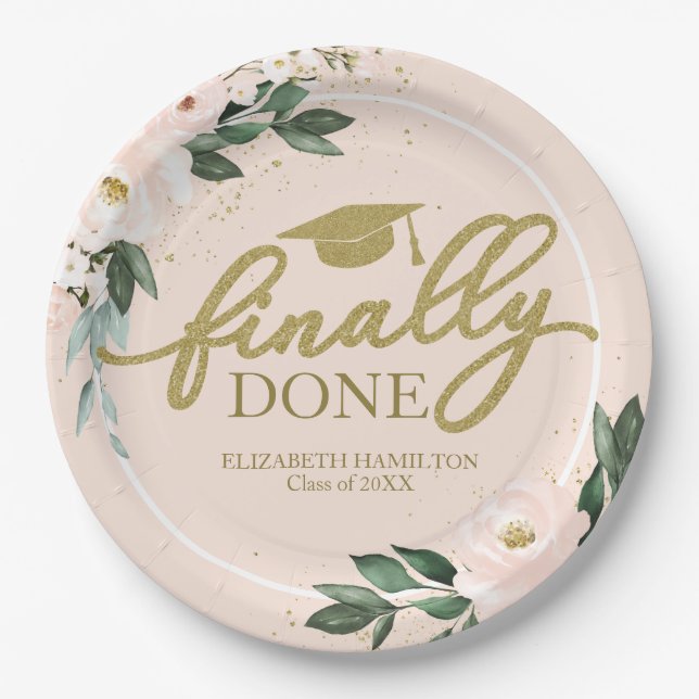 Endlich Fertig Rosa Blush Bloral Graduation Party Pappteller (Vorderseite)