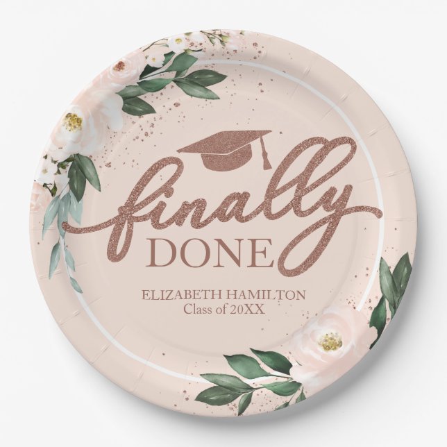 Endlich Fertig Rosa Blush Bloral Graduation Party Pappteller (Vorderseite)