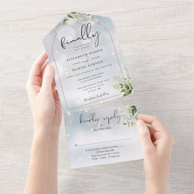 Endlich Gold Arch Greenerity Winter Wedding All In One Einladung (Abreißen)