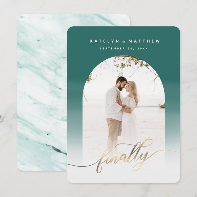 Endlich Gold Script Emerald Arald Gerahmtes Foto Save The Date (Vorne/Hinten)