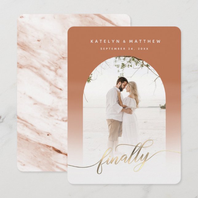 Endlich Gold Script Terracotta Arted Gerahmt Foto Save The Date (Vorne/Hinten)